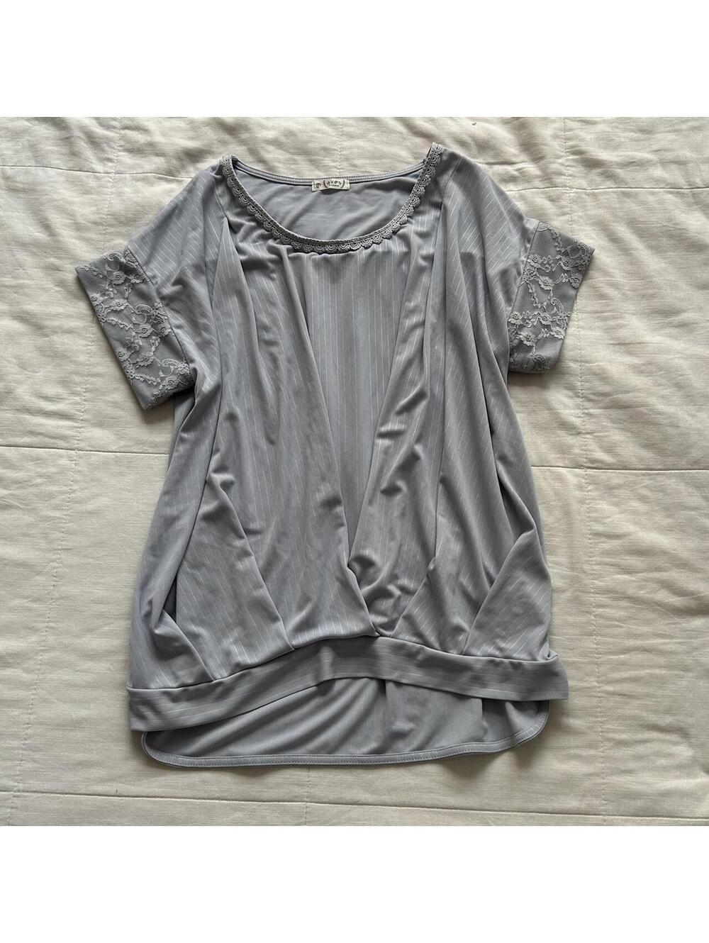 Axes Femme Blue Gray Lace Trim Draped Blouse Medium Japan